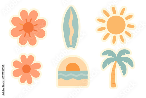 Boho groovy naive sticker set with retro 70s vibes. Vector illustration of summer beach elements: sun, palm tree, surfboard, sea, and flowers. Surf club vacation aesthetic.