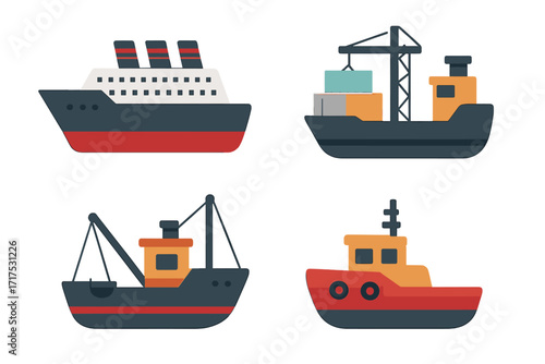 Vector ship boat icon collection. Flat cartoon illustration set of sea transport. Includes passenger cruise liner, cargo container ship, fishing trawler, and tugboat. Maritime.