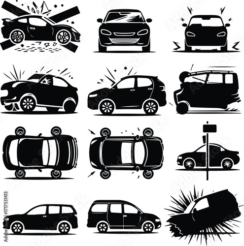 Car Crash Icon Silhouette Set Vehicle Accident Silhouette Icon Collection