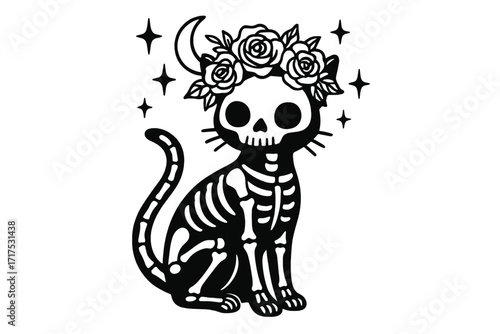 Day of the Dead sugar skull cat vector. Spooky Halloween kitten skeleton in a floral rose wreath. Celestial boho gothic art with crescent moon and stars. Witchy mystic pet.