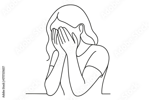Continuous line drawing of a woman in despair. Crying person covering her face. Concept for sadness, grief, depression, anxiety, mental health problems, stress, sorrow. Vector.