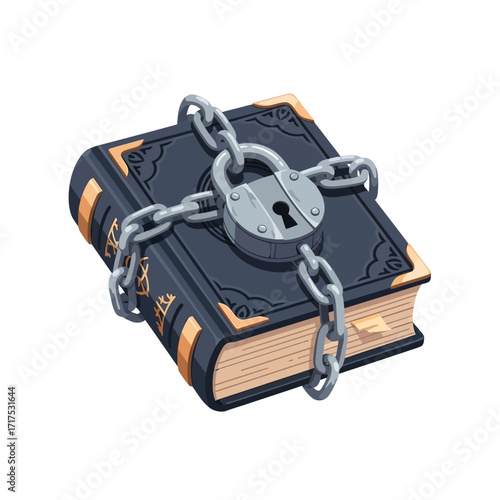 A mysterious dark book bound in heavy chains and secured with a large metal padlock, symbolizing secrets or forbidden knowledge.