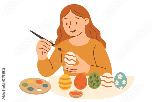Happy woman painting Easter eggs. Female character decorating traditional eggs with a paintbrush for the spring holiday. DIY craft and hobby. Hand-drawn flat vector concept.