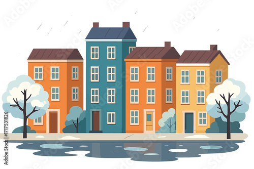 Winter city street with colorful houses during rainy weather. Flat vector cityscape of a cozy neighborhood with snowy trees, and melting snow puddles reflecting the sky.