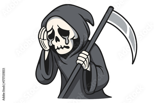 Sad Grim Reaper crying cartoon character vector. Concept of grief, loss, burnout, failure, and mental health crisis. Emotional death mascot feeling depressed and unhappy.