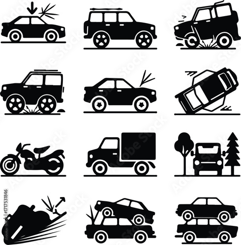 Car Crash Icon Silhouette Set Vehicle Accident Silhouette Icon Collection