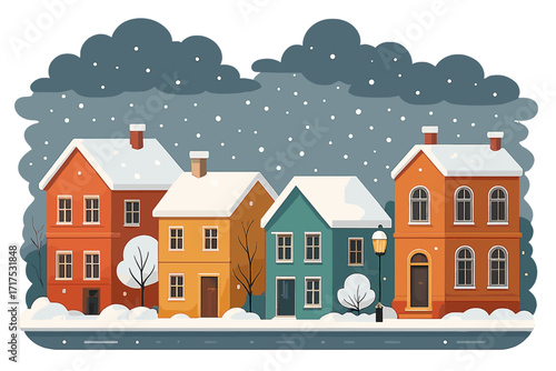 Winter city street with colorful houses under heavy snowfall. Flat vector illustration of a cozy town in wintertime. Urban landscape with snowy roofs for Christmas holiday design.