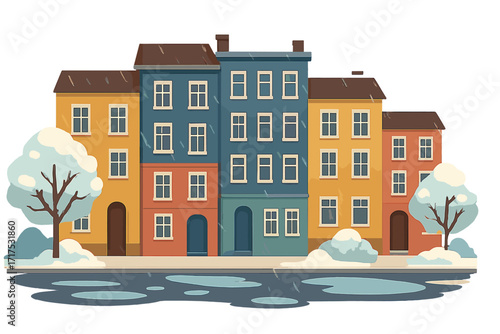 Winter city street flat vector illustration. Colorful houses row facade. Urban cityscape landscape with snowy trees, wet snow, rain, puddles. Town architecture exterior background.