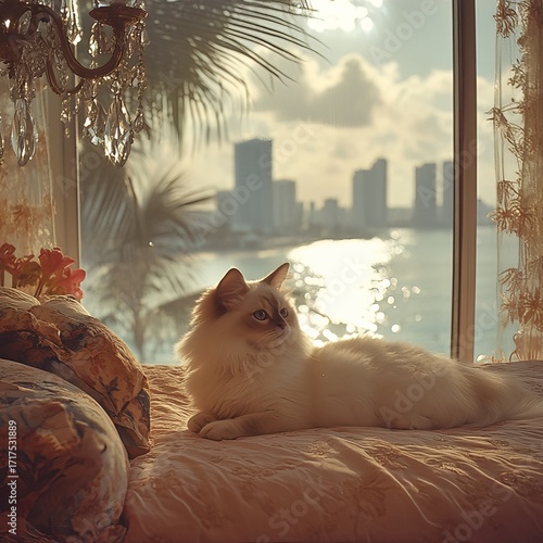A fluffy white cat lounges on a cushioned seat by a large window, with a scenic view of a city skyline and shimmering water in the background. Sunlight filters through, creating a warm and cozy atmosp
