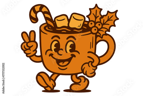 Groovy Christmas retro hot chocolate mascot. Cartoon mug character in 70s vintage style. Festive cocoa cup with candy cane, marshmallow, holly. Happy holiday drink illustration.