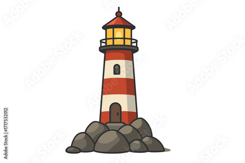 Lighthouse vector cartoon illustration. Red and white striped beacon on rocks, symbol of hope, guidance, safety. Maritime navigation tower with light. Coastal building icon.