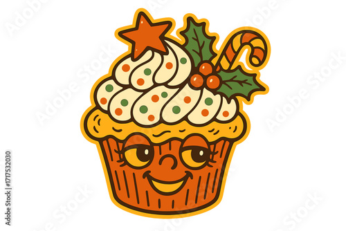 Groovy holiday cupcake mascot in retro 70s style. Sweet Christmas cake character with festive decoration. Cartoon sticker for Xmas baking. Vibrant hand drawn hippie food.