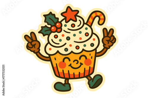 Groovy holiday cupcake mascot in retro style. Sweet Christmas cake character with festive decoration. 70s hippie sticker with peace sign. Cartoon dessert for winter celebration.