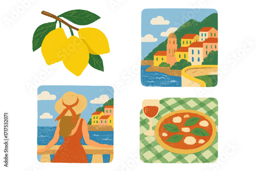 Cute Italy Amalfi coast travel set. Summer vacation Italian dolce vita concept. Naive vector illustration with lemons, pizza, sea view, and woman. Textured poster print.
