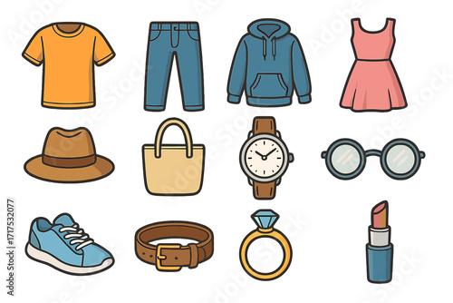 Fashion clothes and accessories vector icon set. Cartoon illustration collection of shirt, jeans, hoodie, dress, hat, bag, watch, glasses, shoe, belt, ring, lipstick. Apparel.