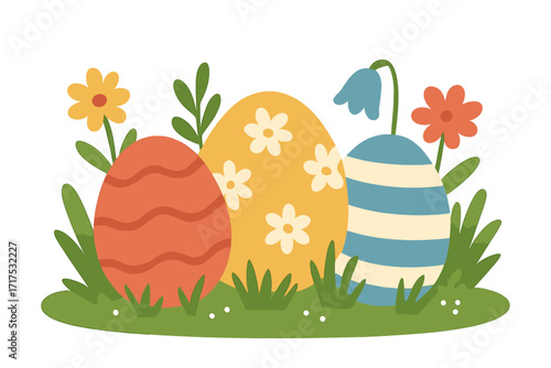 Happy Easter vector composition. Decorated eggs with flowers and stripes in green grass. Spring holiday egg hunt concept. Flat, hand-drawn cartoon style illustration.