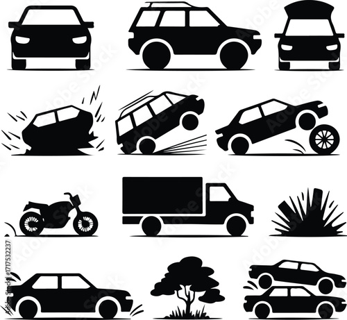 Car Crash Icon Silhouette Set Vehicle Accident Silhouette Icon Collection