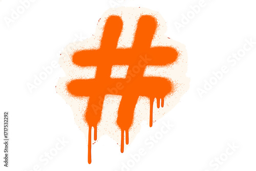 Orange hashtag graffiti symbol. Dripping spray paint street art. Leaking social media sign vector illustration. Textured vandal art concept. Sprayed tag icon with drips.