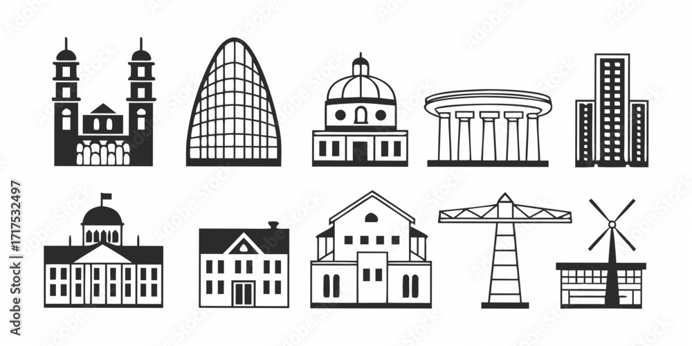 Fototapeta premium Illustration of ten diverse architectural building structures in black and white silhouette style art