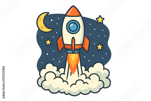 Rocket ship launch cartoon vector. Spaceship flying in night sky with moon and stars. Business startup concept. Metaphor for new project, innovation, boost, success, power.