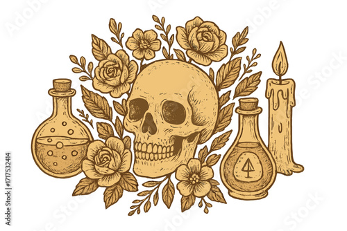 Esoteric witchcraft concept with human skull in a floral arrangement. Hand drawn magic symbols, potion bottle, alchemical flask and candle. Mystical vintage halloween drawing.