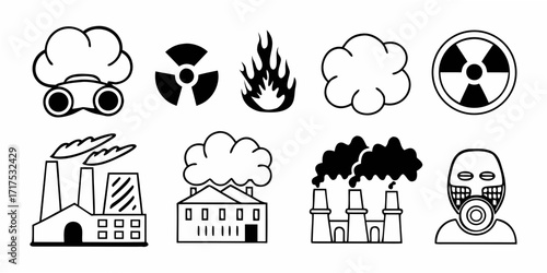 Various environmental hazard icons including pollution sources and safety equipment in black and white style