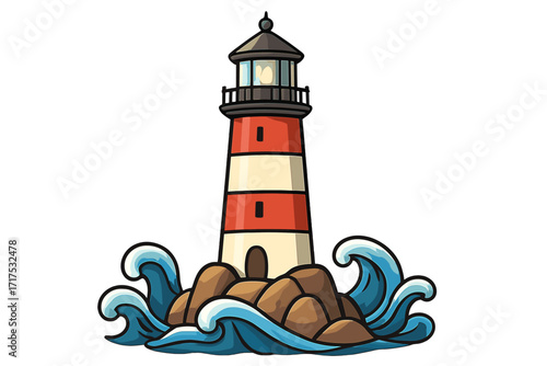 Lighthouse on the rocks with sea waves. Nautical beacon cartoon vector illustration. Maritime navigation safety symbol. Coastal tower for guidance, hope, and direction.