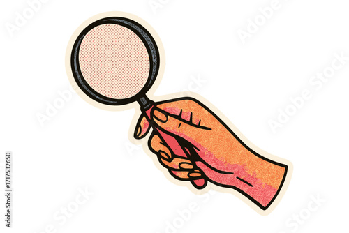 Hand holding magnifying glass for search, research, and investigation. Concept of analysis, discovery, and inspection. Detective icon. Vintage retro cartoon sticker with halftone.