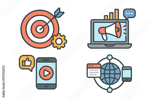 Digital marketing strategy icon set. Vector concepts for online advertising, SEO targeting, social media promotion, mobile video content, and global business analytics.