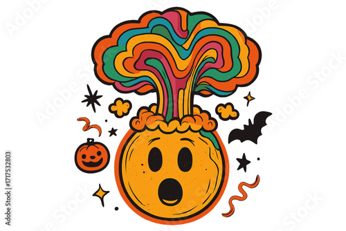 Groovy 70s Halloween emoticon with a psychedelic rainbow brain explosion. Retro mascot with mind blown concept. Vintage trippy drawing for sticker, print or poster art.