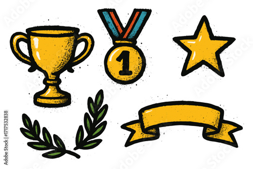 Graffiti award elements set. Hand drawn winner icons in urban spray paint style. Champion trophy, first place medal, star, laurel wreath and ribbon banner illustration.
