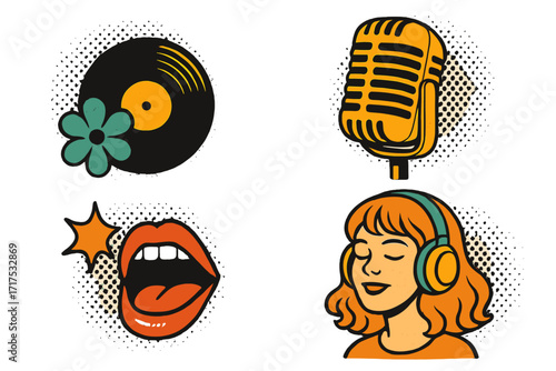 Groovy music retro collage elements set. Vintage pop art icons with halftone texture. Vinyl record, microphone for podcast, singing mouth, girl listening on headphones. 70s sticker pack.