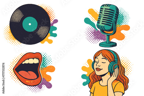 Groovy music collage elements set in retro halftone style. Vector collection includes vintage vinyl record, old microphone, singing mouth, and girl with headphones listening to audio.