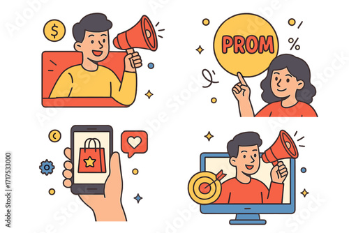 Digital marketing and advertising concept for product promotion. Vector cartoon set with loudspeaker announcement, online shopping, sale promo and targeted customer ads.
