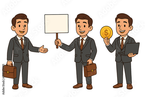 Businessman character set. Cartoon professional manager in suit with briefcase. Man holding blank sign, dollar coin and laptop. Finance, success, presentation, deal concept.
