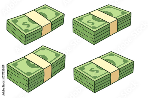 Set of money stacks vector illustration. Cartoon bundles of cash banknotes. Financial concept of wealth, profit, and savings. Green dollar bills isolated. Currency icon.