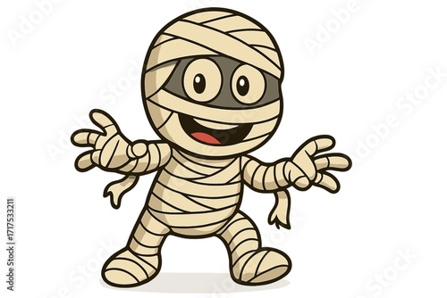 Cute mummy character. Cartoon illustration for Halloween. Funny ancient Egyptian monster for kids. Spooky but friendly creature in bandages. Vector graphic isolated on white.