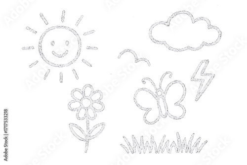 Kids chalk drawing set. Freehand child scribble elements like sun, flower, cloud, butterfly, lightning, grass. Hand drawn baby illustration. Cute naive crayon sketch design.