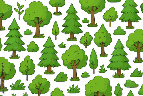 Seamless forest pattern. Vector cartoon background with trees and bushes. Nature illustration for kids. Cute green woodland print for textile, wallpaper or wrapping paper.