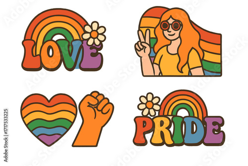 LGBT Pride retro 70s sticker set. Groovy vector collection with rainbow love heart, peace sign, protest fist and queer power slogans. Hippie cartoon design elements for Pride Month.