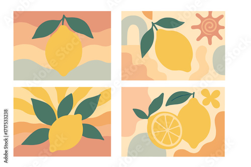 Amalfi summer retro posters set. Abstract lemon fruit design. Trendy naive wall arts. Pastel colors vector illustration. Modern groovy funky interior decorations. Cards collection.