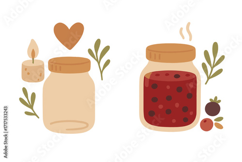 Hygge concept vector with empty and full jam jars. Cozy autumn scene with homemade berry preserves, a warm candle, and a heart. Natural healthy food illustration set.