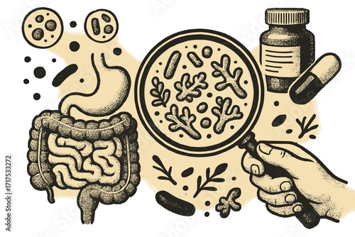 Gut health research concept. Microbiome, digestive system, intestines. Hand with magnifying glass studies beneficial bacteria, gut flora. Probiotics, supplements vector collage.