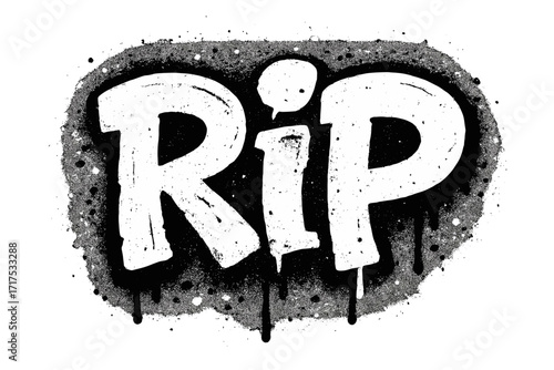 RIP urban graffiti text in a grunge y2k style. Rest in peace abbreviation sprayed in white over black. Hand drawn vector with splash effects and drops texture. Street art lettering.