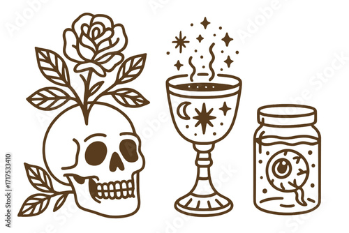 Mystical alchemy line art set. Rose from skull, sacred goblet with magic potion, eyeball in a jar. Occult witchcraft concept. Esoteric boho retro 70s vector illustration.