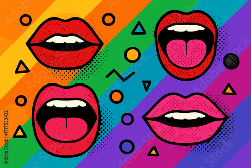 Pop art mouths shouting on rainbow background. Halftone lips collage for Pride Month. Vector illustration with geometric shapes. LGBT concept of expression, voice and diversity.