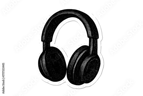Halftone headphones vector sticker. Grunge music illustration with dotted photocopy texture. Retro audio gear for listening, podcast, or DJ. Isolated black and white design.