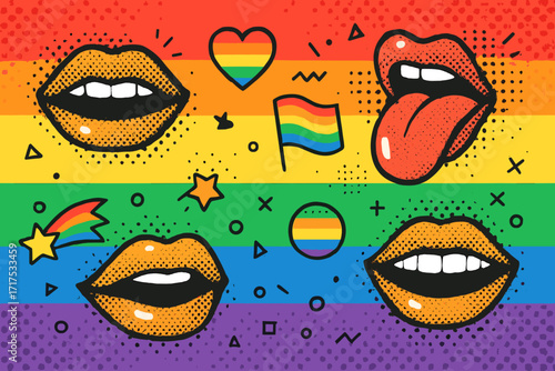 Pop art mouths and lips on rainbow background for Pride month. Vector halftone comic collage with LGBT flag and heart. Retro 90s gay and lesbian queer celebration graphic.