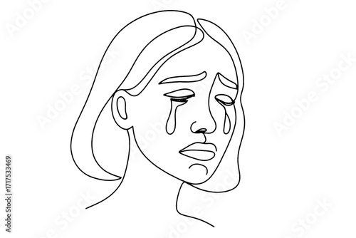 Sad female face continuous line drawing, emotional crying woman with tears on face, minimalist one line art portrait, expressive melancholic woman illustration, mental health concept