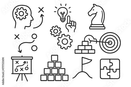 Strategy building doodle icons set with chess knight, gears, target with arrow, puzzle pieces, pyramid blocks, business plan chart, goal flag, idea light bulb, and planning concept vector illustration